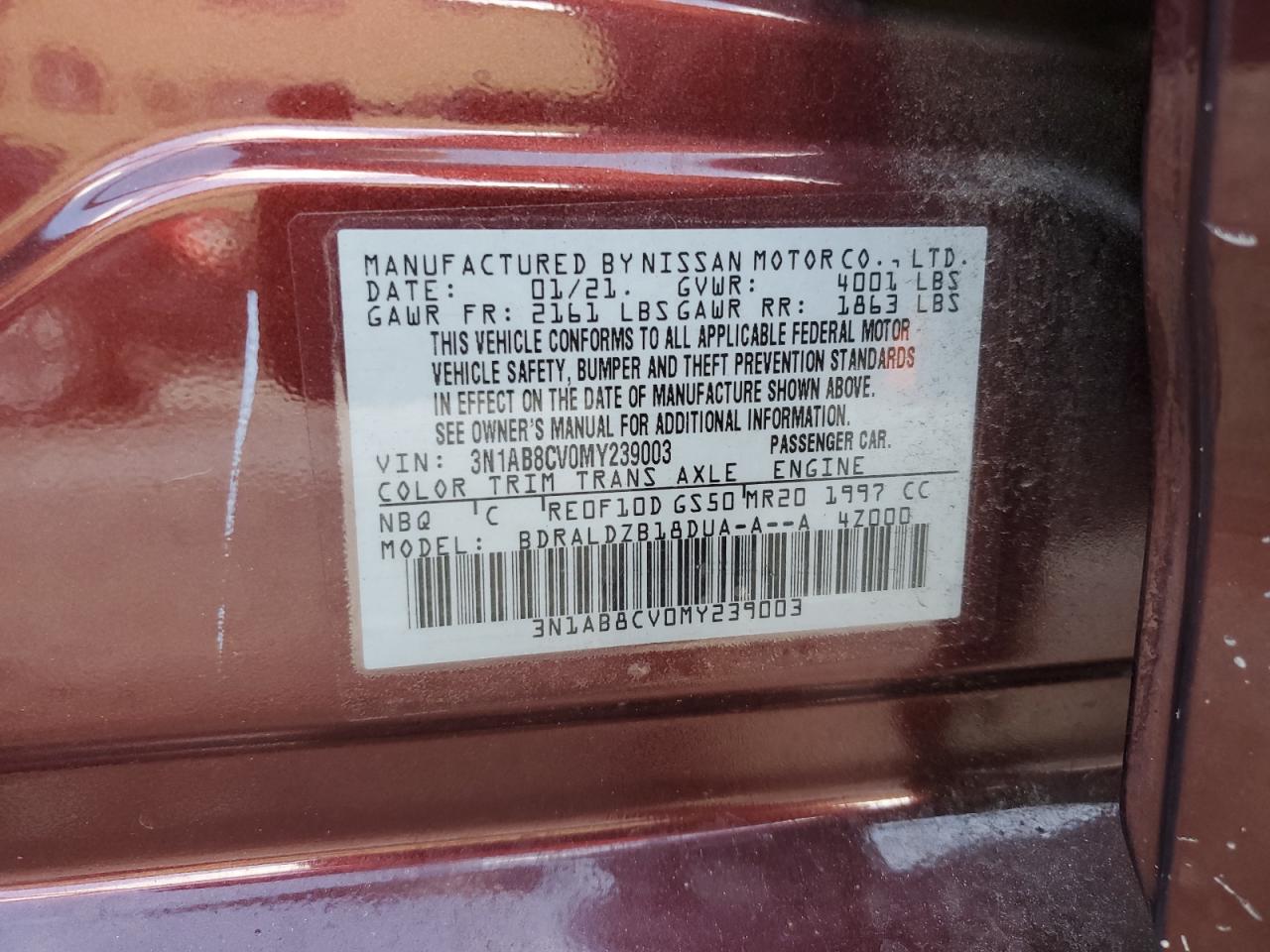 2021 Nissan Sentra Sv VIN: 3N1AB8CV0MY239003 Lot: 85277995