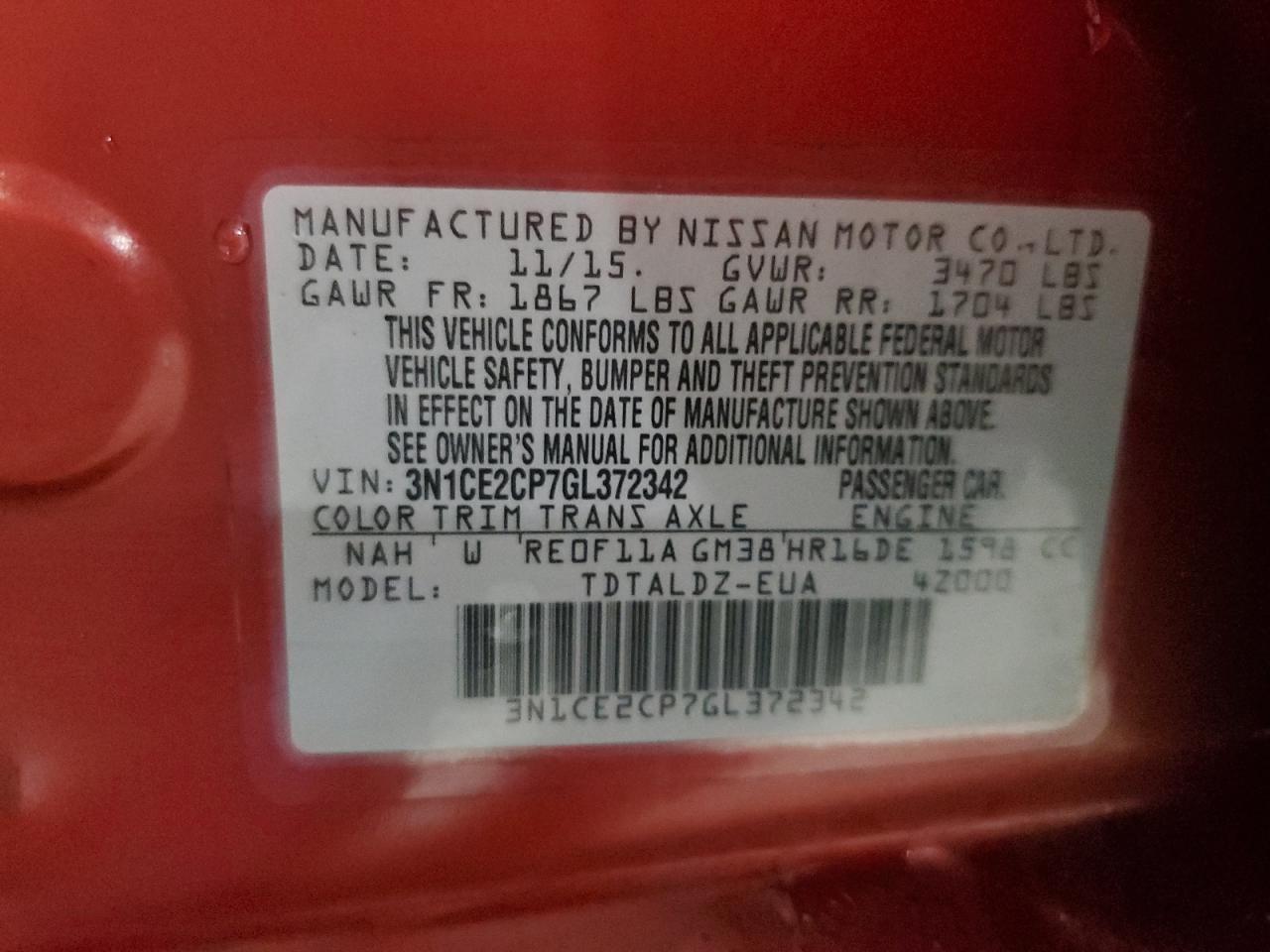 2016 Nissan Versa Note S VIN: 3N1CE2CP7GL372342 Lot: 86530625