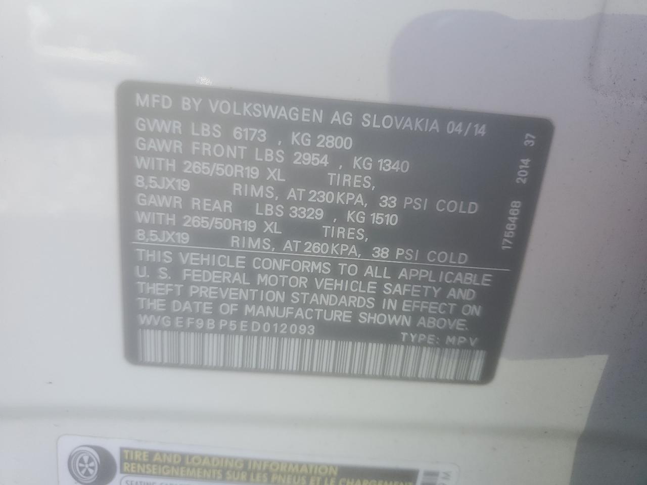 2014 Volkswagen Touareg V6 VIN: WVGEF9BP5ED012093 Lot: 89634175