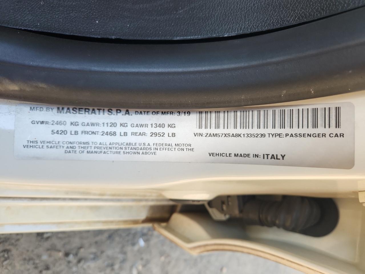 2019 Maserati Ghibli VIN: ZAM57XSA8K1335239 Lot: 85294895
