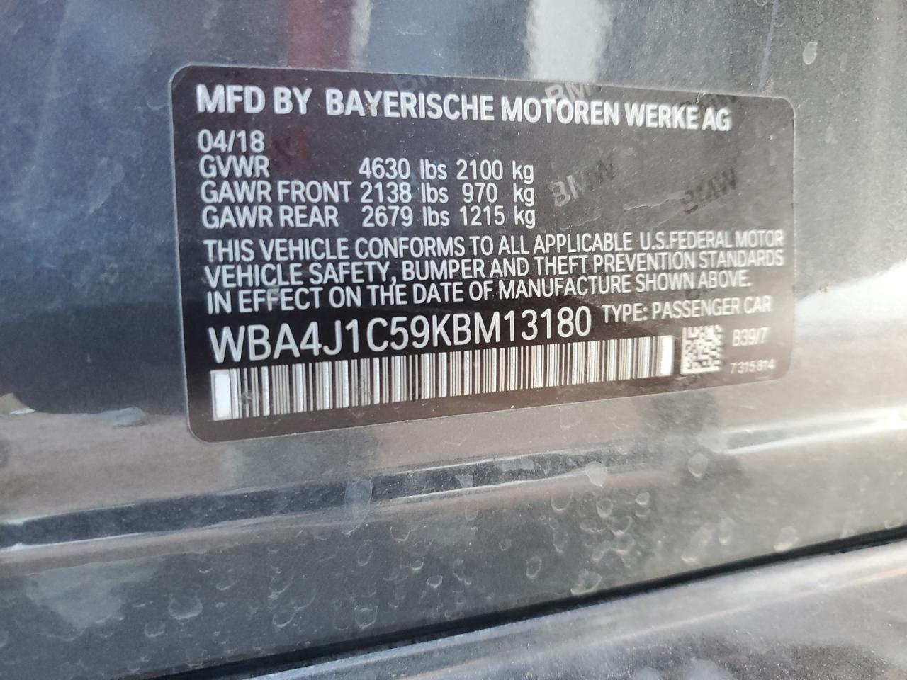 2019 BMW 430I Gran Coupe VIN: WBA4J1C59KBM13180 Lot: 84071815