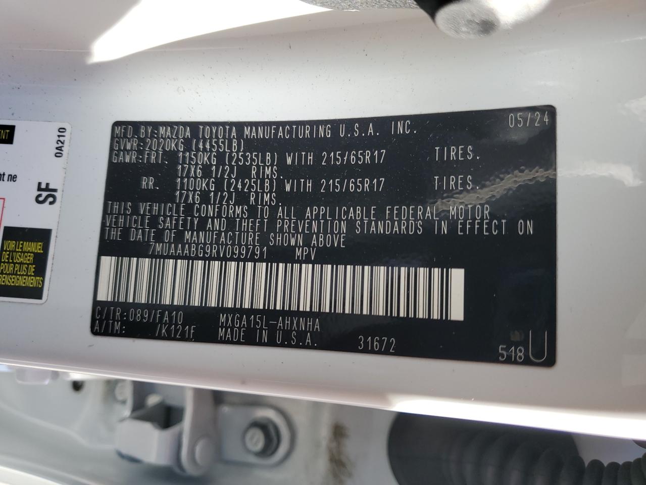 2024 Toyota Corolla Cross L VIN: 7MUAAABG9RV099791 Lot: 85114325