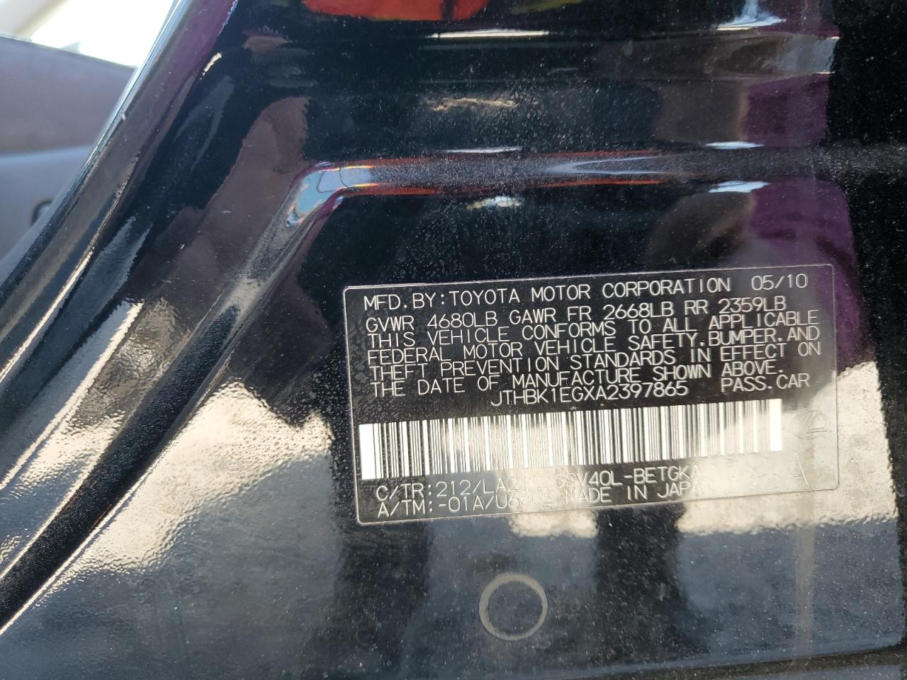 2010 Lexus Es 350 VIN: JTHBK1EGXA2397865 Lot: 81970535