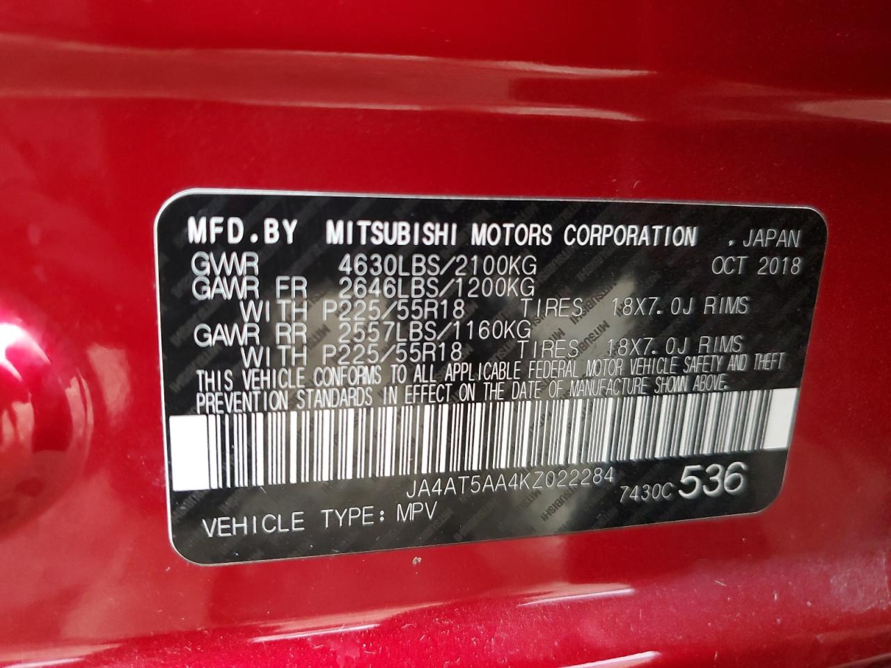 2019 Mitsubishi Eclipse Cross Se VIN: JA4AT5AA4KZ022284 Lot: 86671925