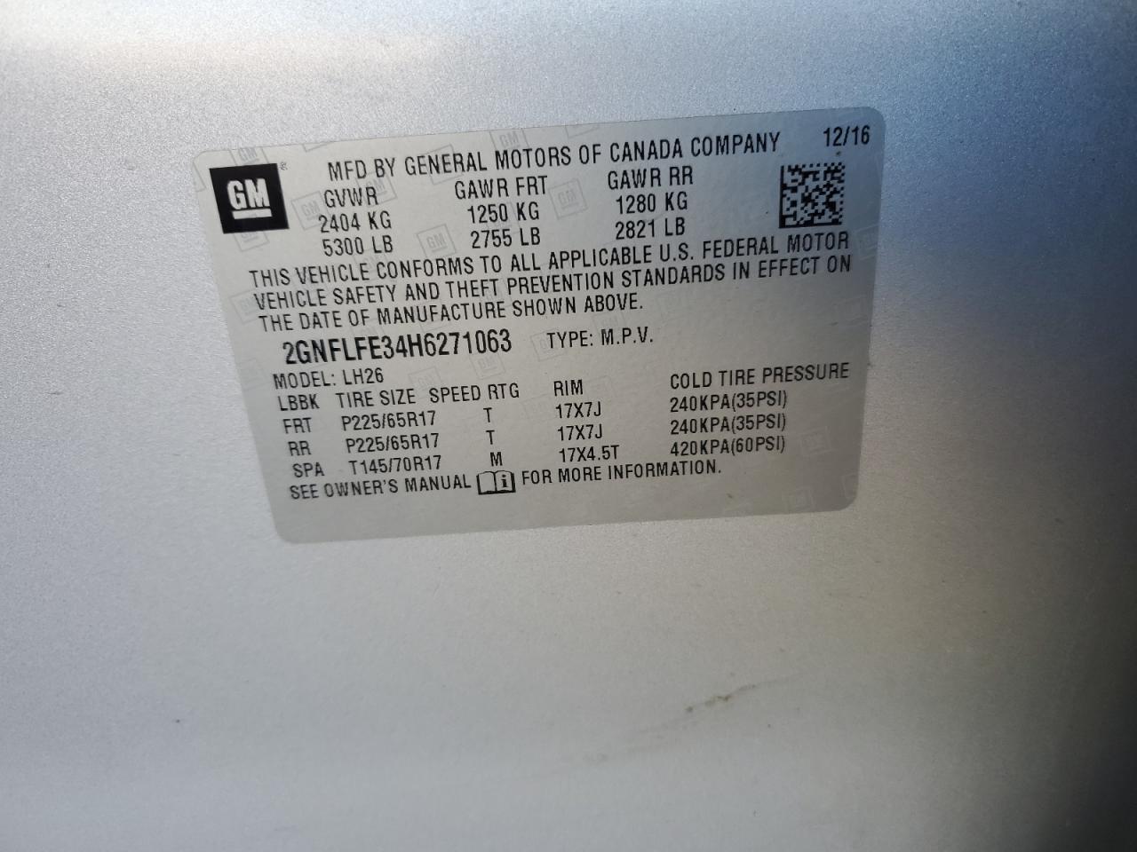 2017 Chevrolet Equinox Lt VIN: 2GNFLFE34H6271063 Lot: 85180265