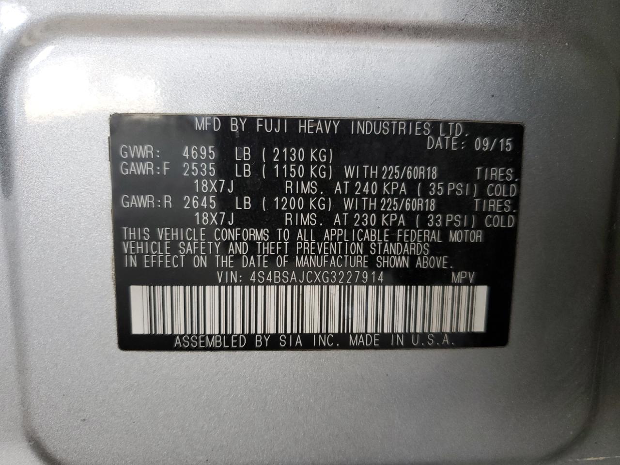 2016 Subaru Outback 2.5I Limited VIN: 4S4BSAJCXG3227914 Lot: 85940945