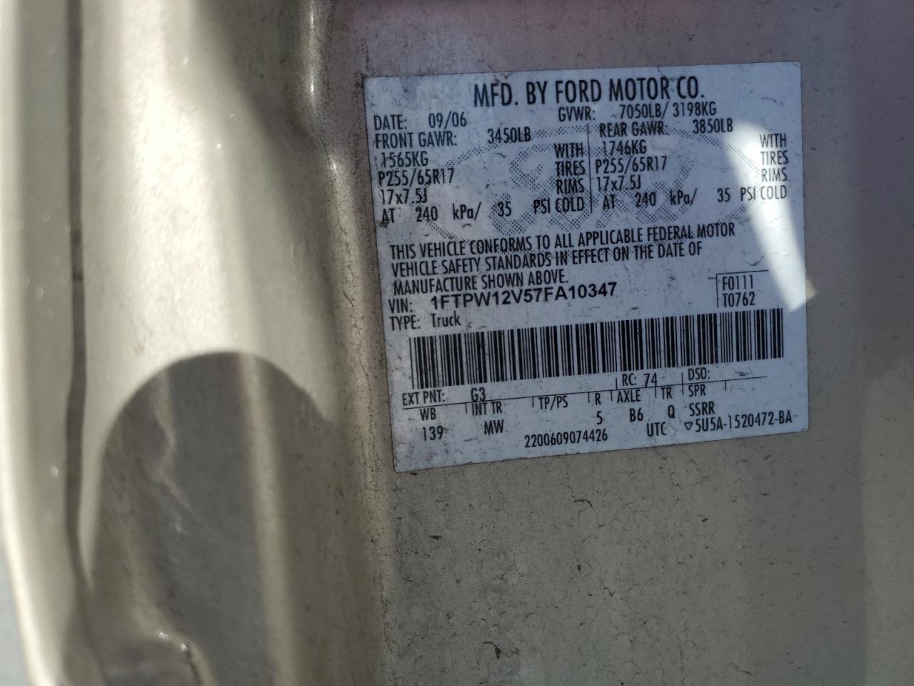 2007 Ford F150 Supercrew VIN: 1FTPW12V57FA10347 Lot: 87297265