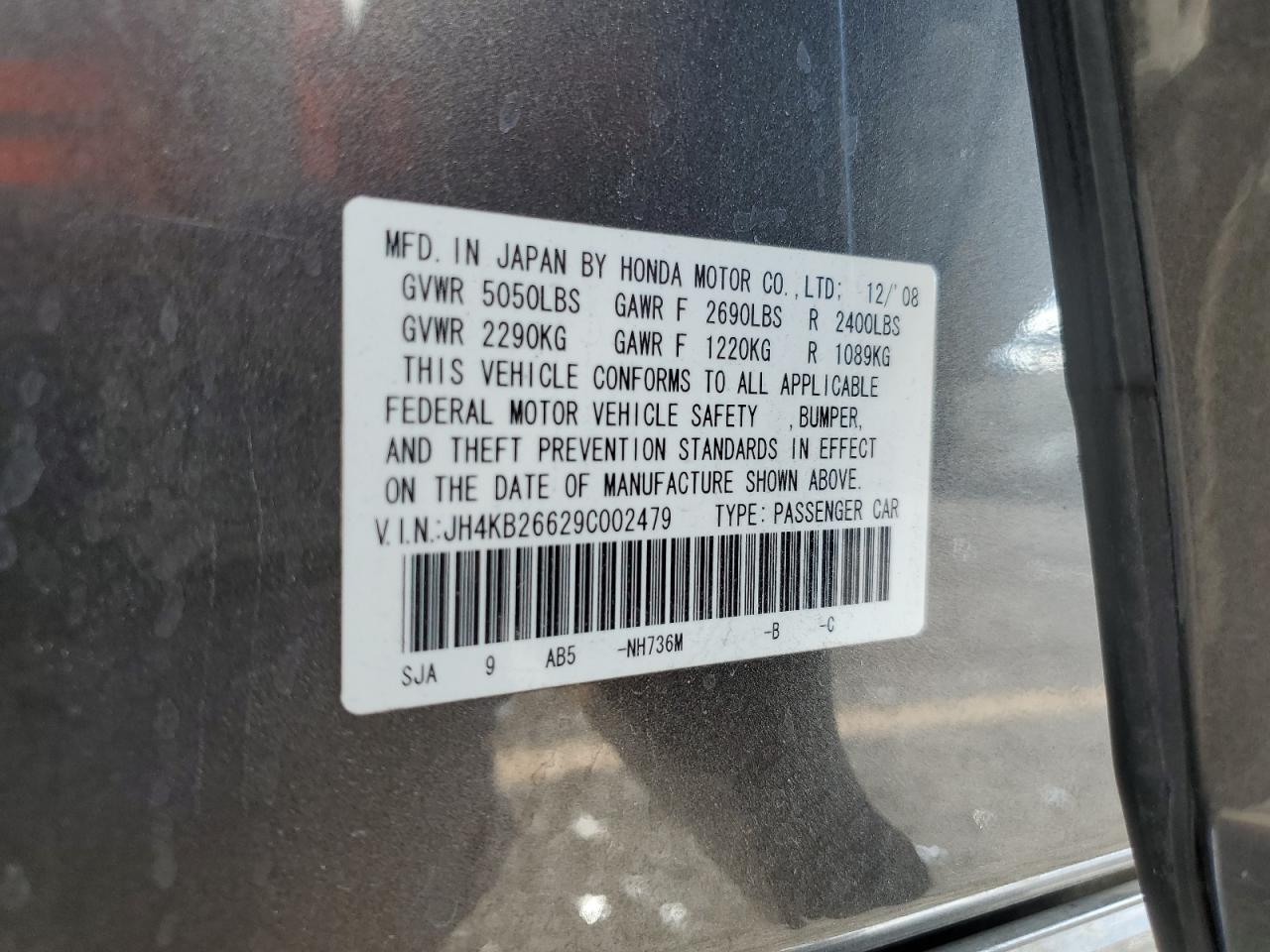 2009 Acura Rl VIN: JH4KB26629C002479 Lot: 86169385