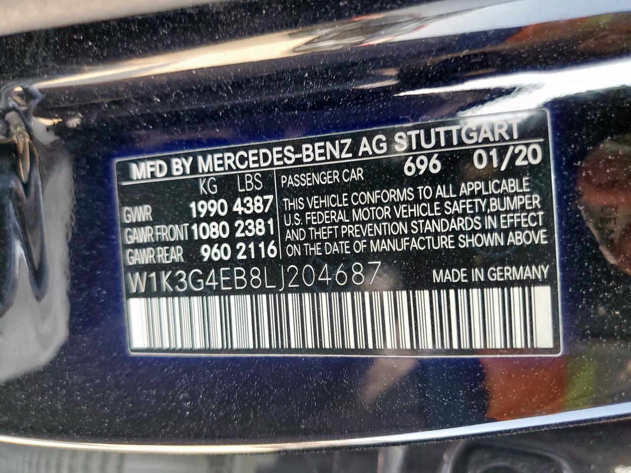 2020 Mercedes-Benz A 220 VIN: W1K3G4EB8LJ204687 Lot: 83789995