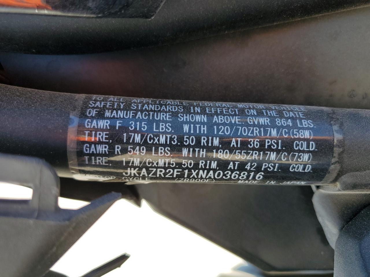 2022 Kawasaki Zr900 VIN: JKAZR2F1XNA036816 Lot: 82586565