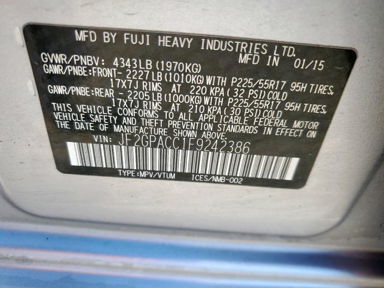 2015 Subaru Xv Crosstrek 2.0 Premium VIN: JF2GPACC1F9242386 Lot: 85581535