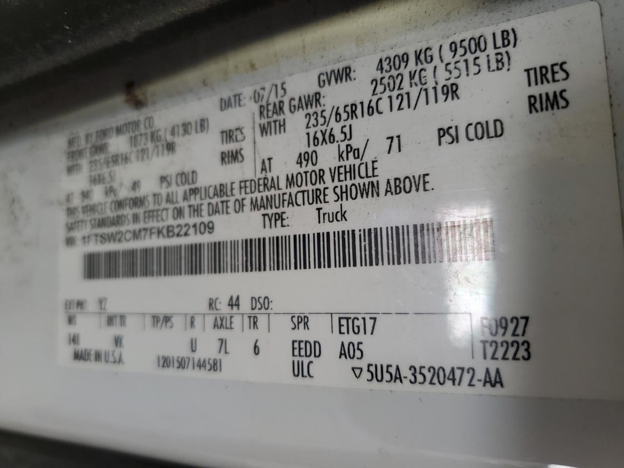 2015 Ford Transit T-350 VIN: 1FTSW2CM7FKB22109 Lot: 69862405