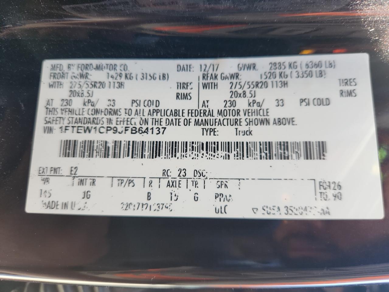 2018 Ford F150 Supercrew VIN: 1FTEW1CP9JFB64137 Lot: 86225245