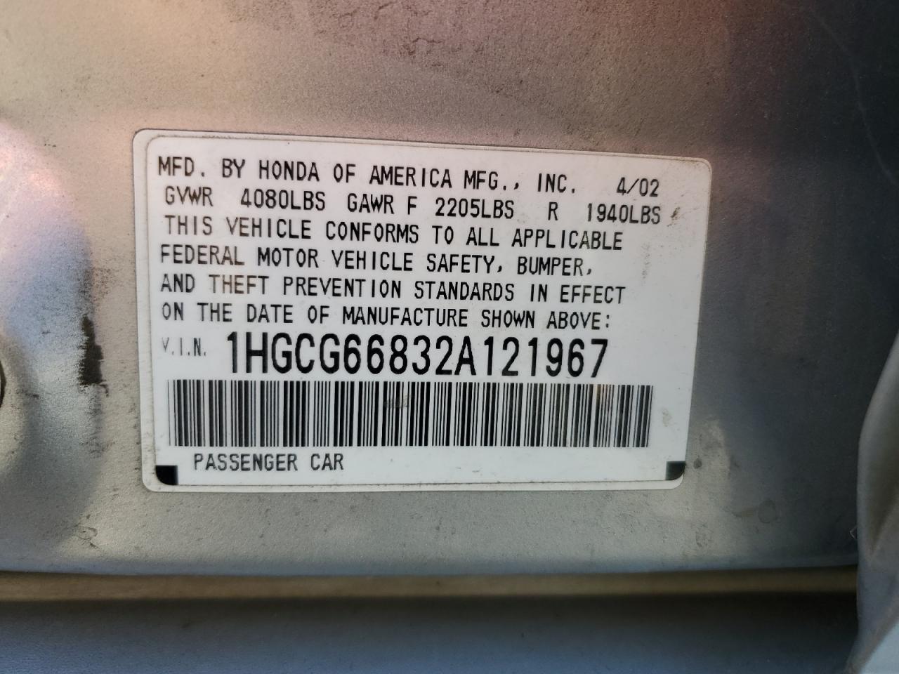 2002 Honda Accord Ex VIN: 1HGCG66832A121967 Lot: 85746045