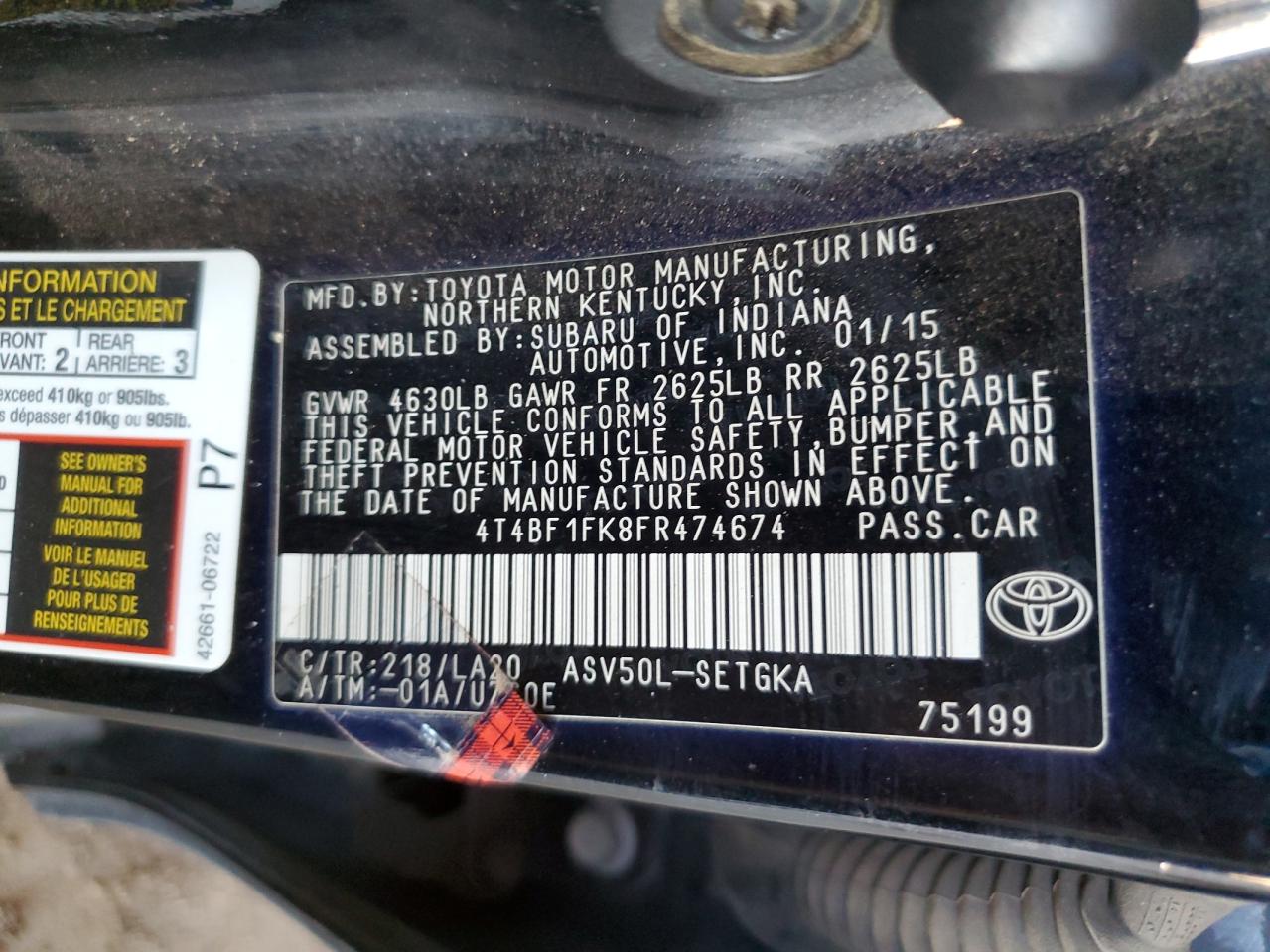 2015 Toyota Camry Le VIN: 4T4BF1FK8FR474674 Lot: 82198805