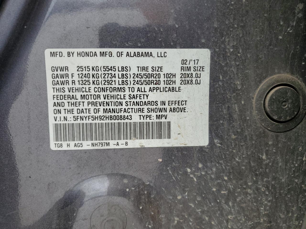 2017 Honda Pilot Touring VIN: 5FNYF5H92HB008843 Lot: 86664045