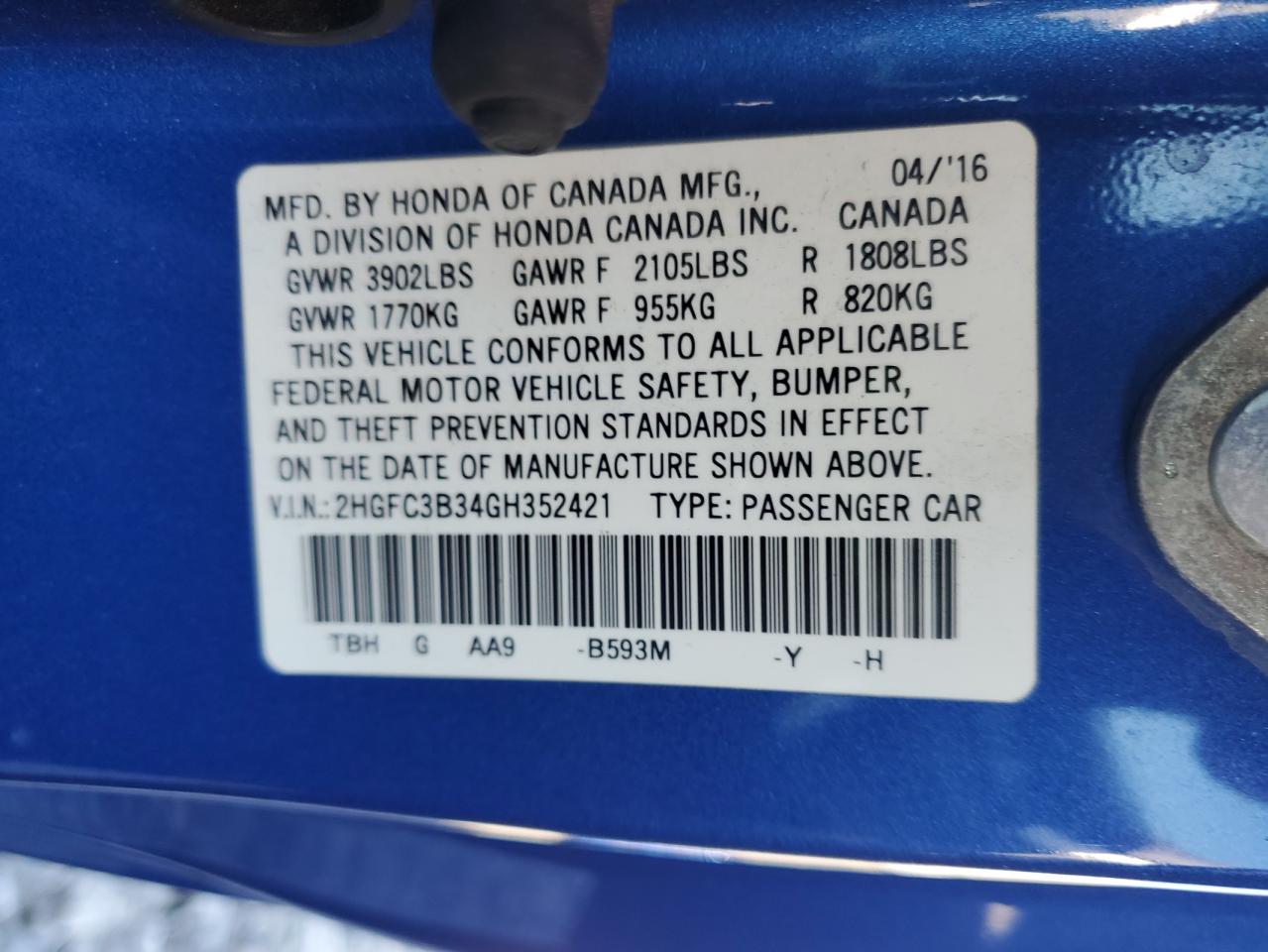 2016 Honda Civic Ex VIN: 2HGFC3B34GH352421 Lot: 84744245