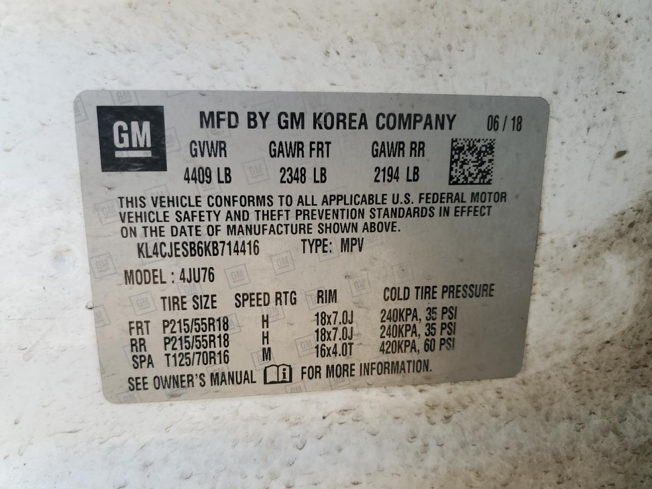 2019 Buick Encore Preferred VIN: KL4CJESB6KB714416 Lot: 85298485