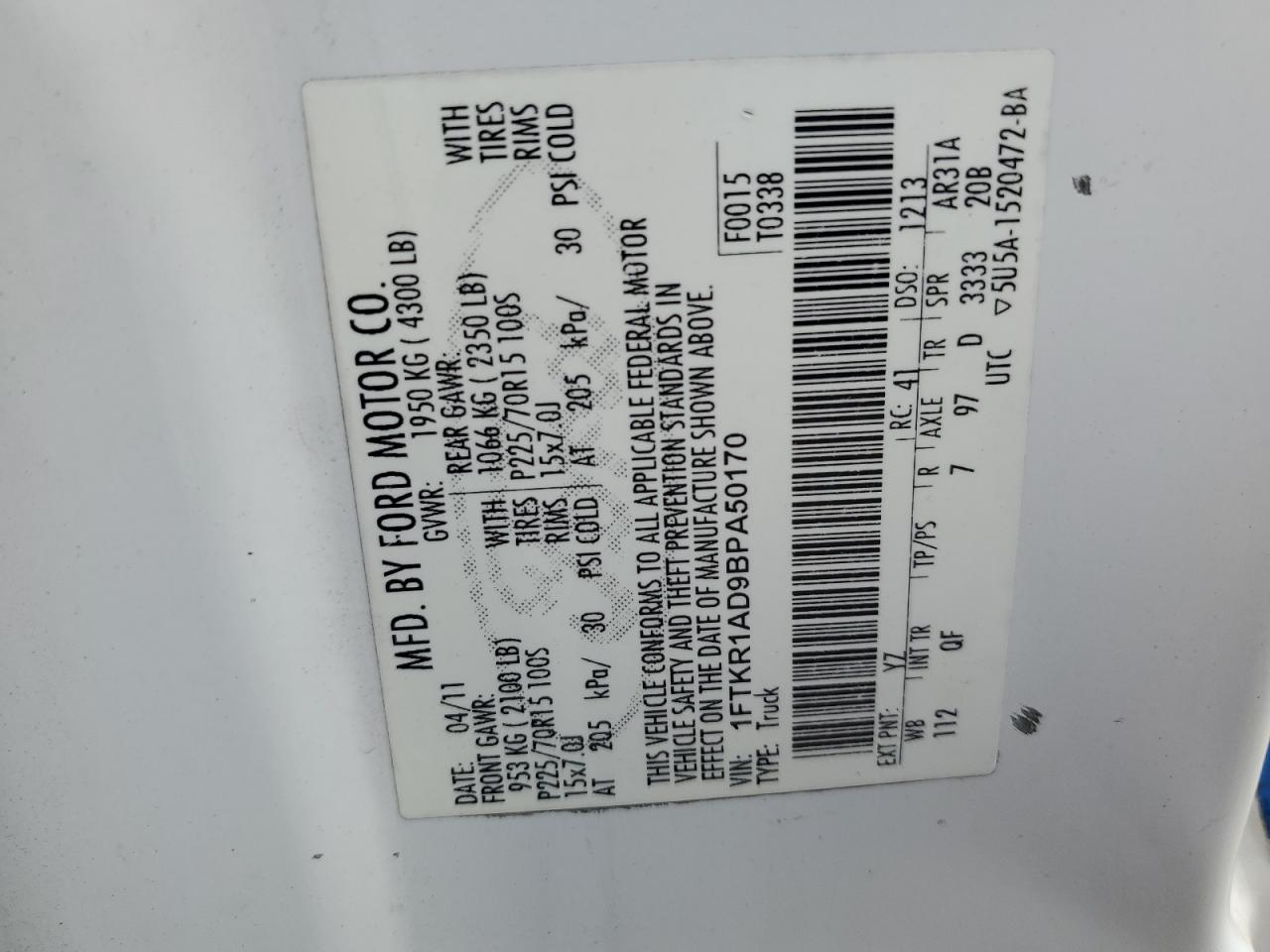 2011 Ford Ranger VIN: 1FTKR1AD9BPA50170 Lot: 86800525