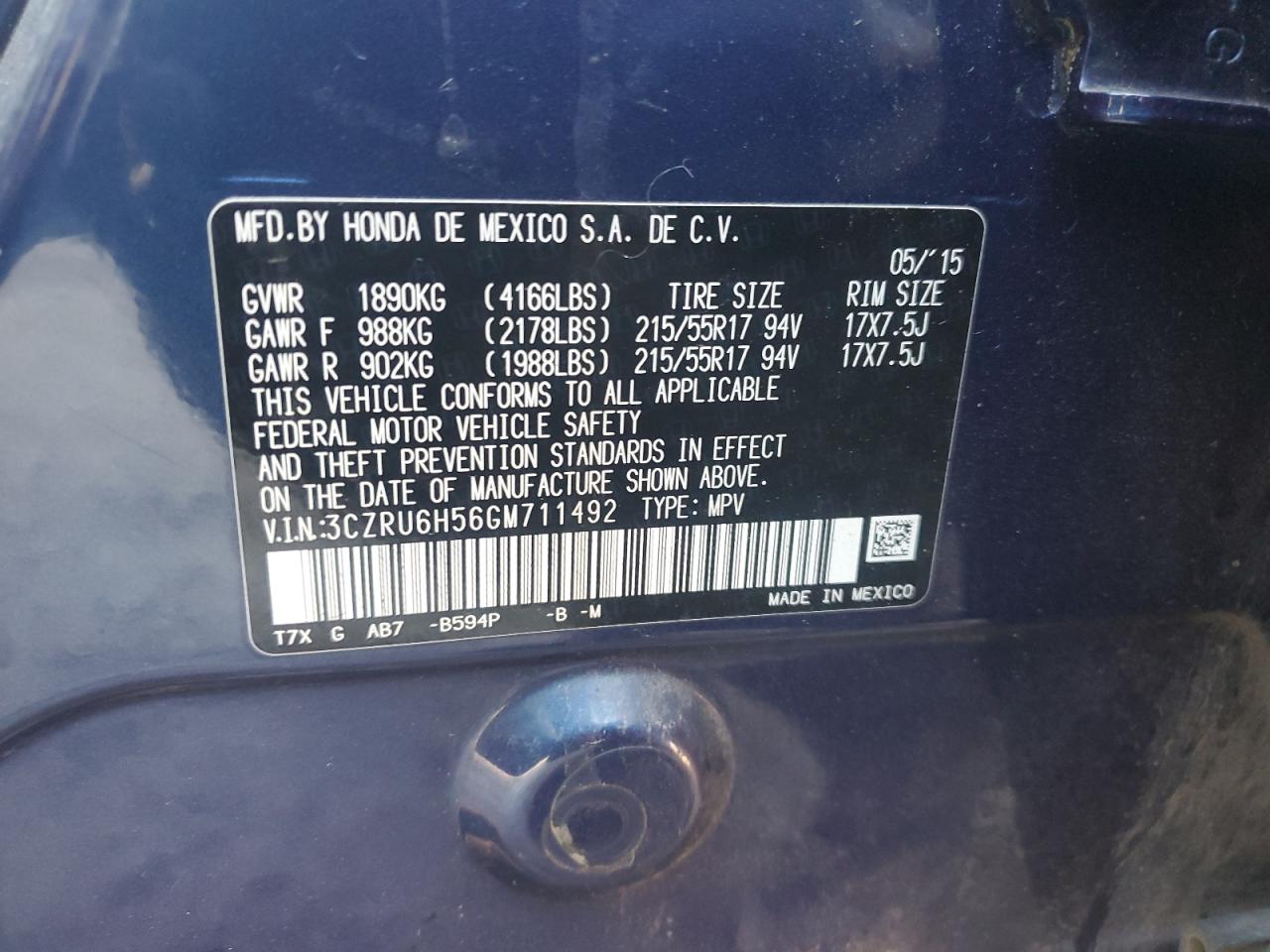 2016 Honda Hr-V Ex VIN: 3CZRU6H56GM711492 Lot: 85173225