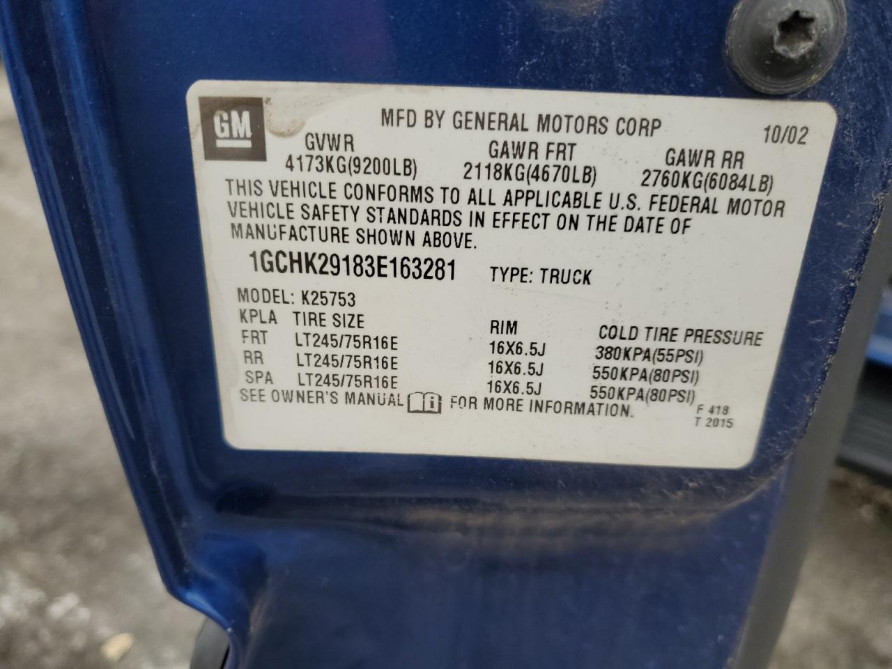2003 Chevrolet Silverado K2500 Heavy Duty VIN: 1GCHK29183E163281 Lot: 85378835
