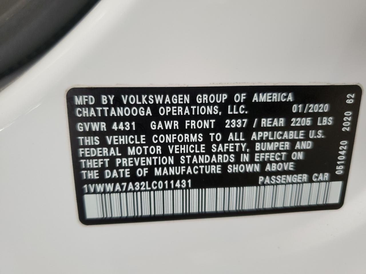 2020 Volkswagen Passat Se VIN: 1VWWA7A32LC011431 Lot: 82230225