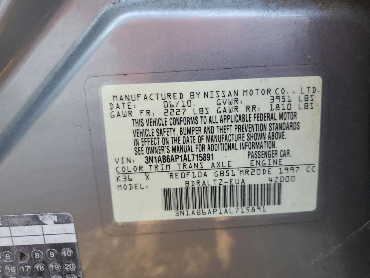 2010 Nissan Sentra 2.0 VIN: 3N1AB6AP1AL715891 Lot: 82186625