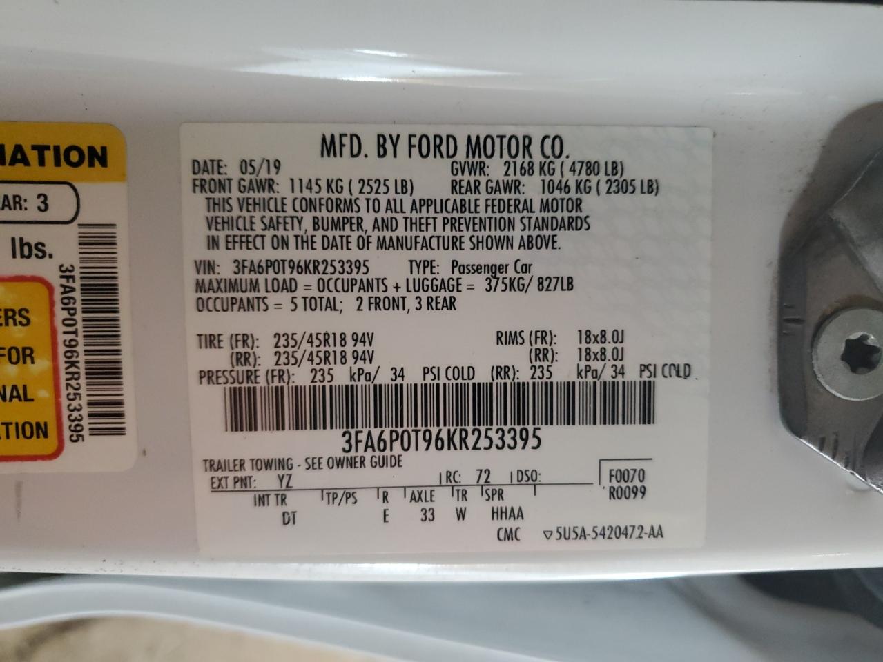 2019 Ford Fusion Se VIN: 3FA6P0T96KR253395 Lot: 90921175