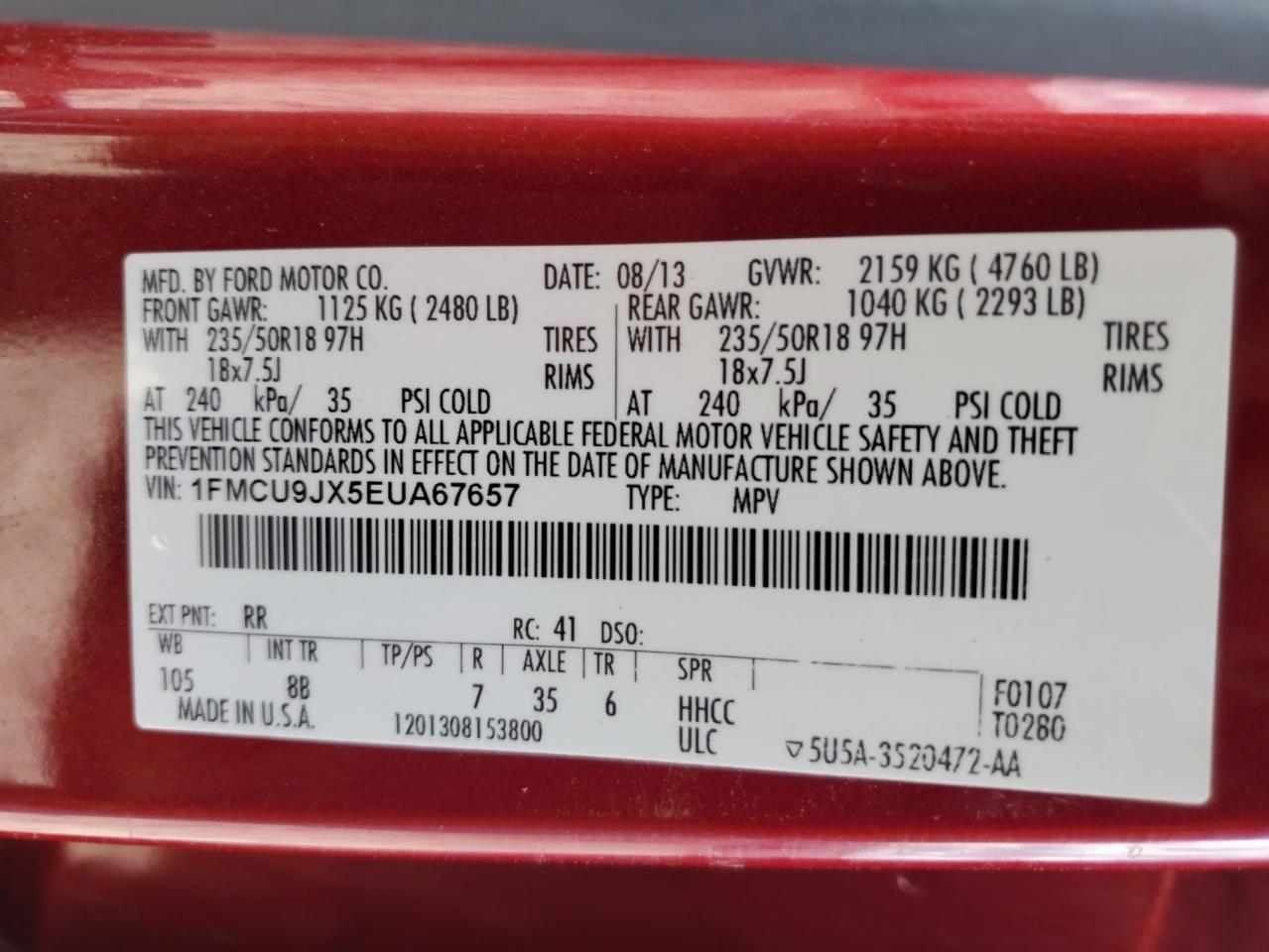 2014 Ford Escape Titanium VIN: 1FMCU9JX5EUA67657 Lot: 82398475