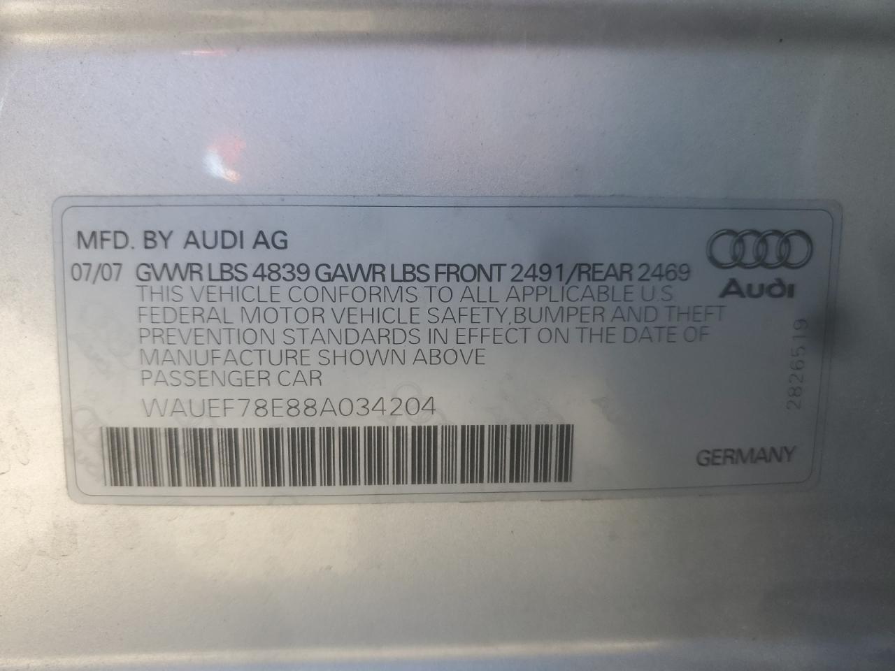 2008 Audi A4 S-Line 2.0T Quattro Turbo VIN: WAUEF78E88A034204 Lot: 87429625