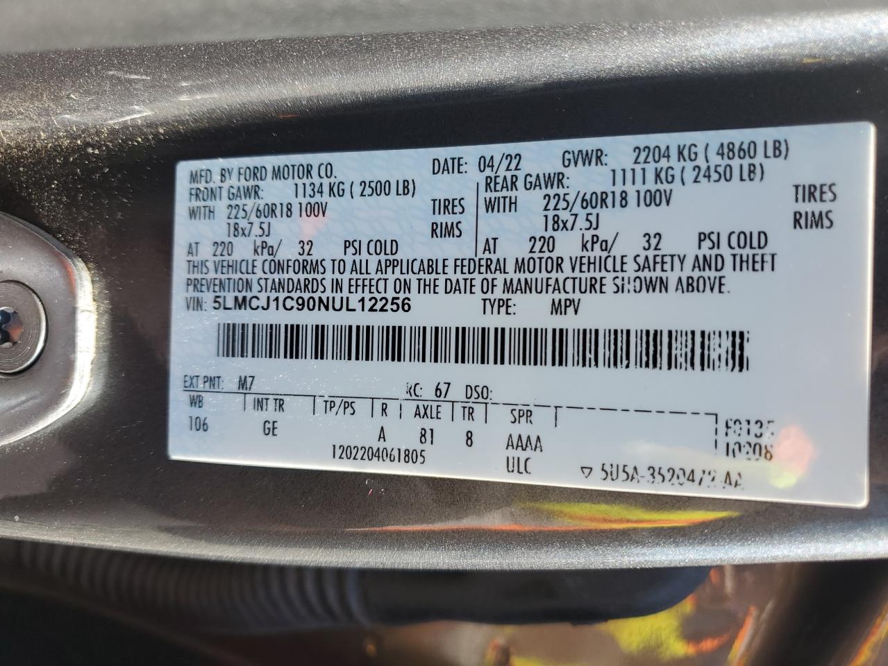 2022 Lincoln Corsair VIN: 5LMCJ1C90NUL12256 Lot: 85180695