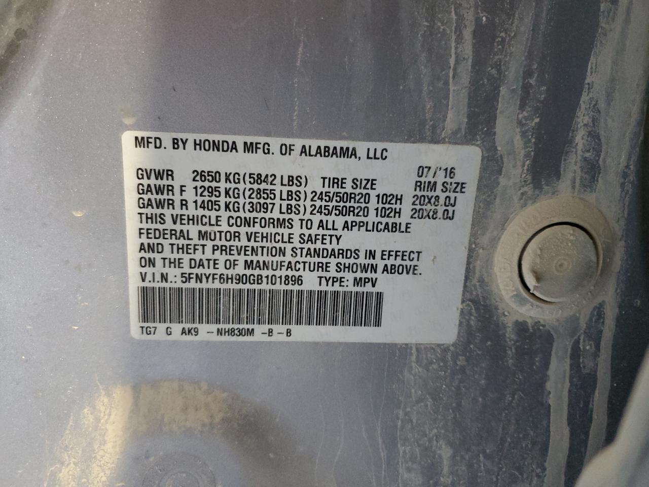 2016 Honda Pilot Touring VIN: 5FNYF6H90GB101896 Lot: 87009725