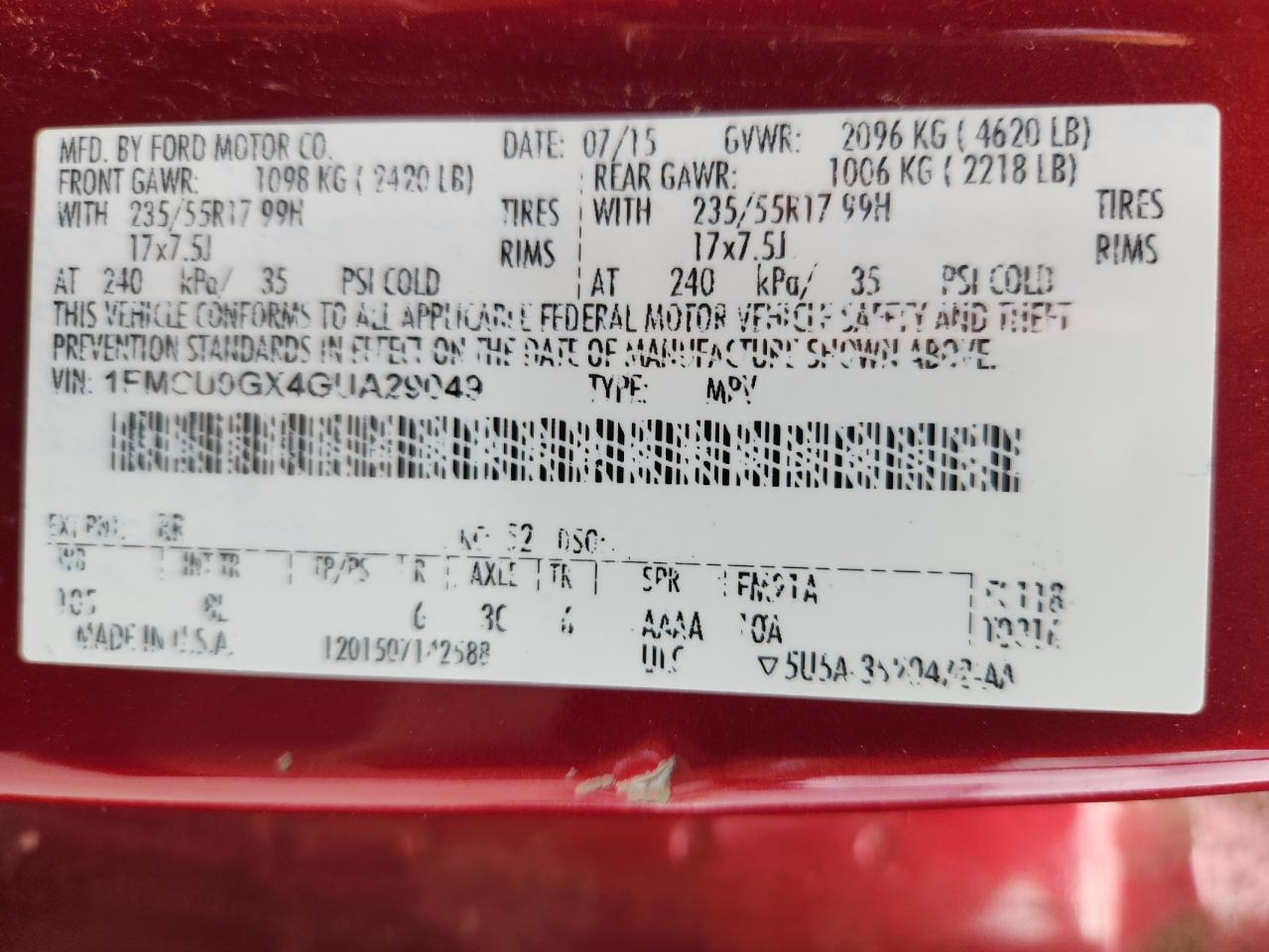 2016 Ford Escape Se VIN: 1FMCU0GX4GUA29049 Lot: 85171295