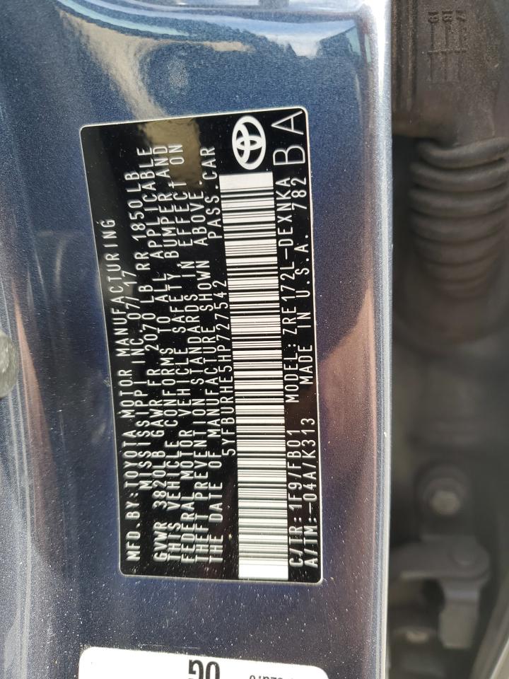 2017 Toyota Corolla L VIN: 5YFBURHE5HP727542 Lot: 81752455