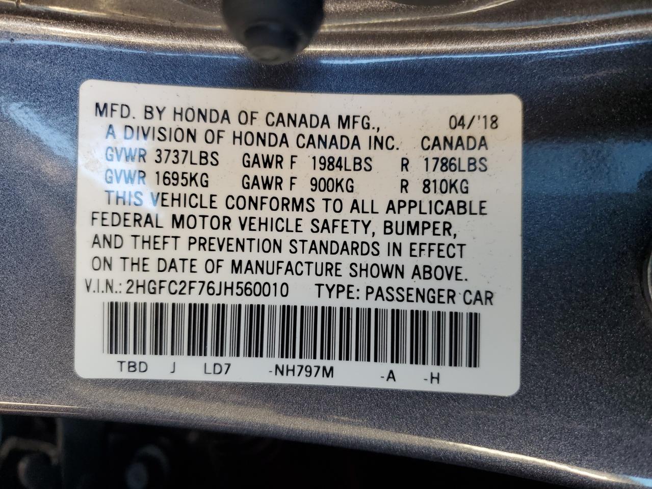 2018 Honda Civic Ex VIN: 2HGFC2F76JH560010 Lot: 90357615