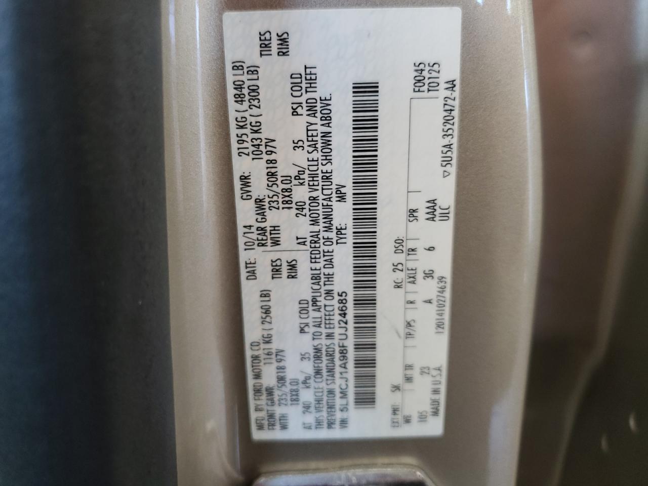 2015 Lincoln Mkc VIN: 5LMCJ1A98FUJ24685 Lot: 86711405