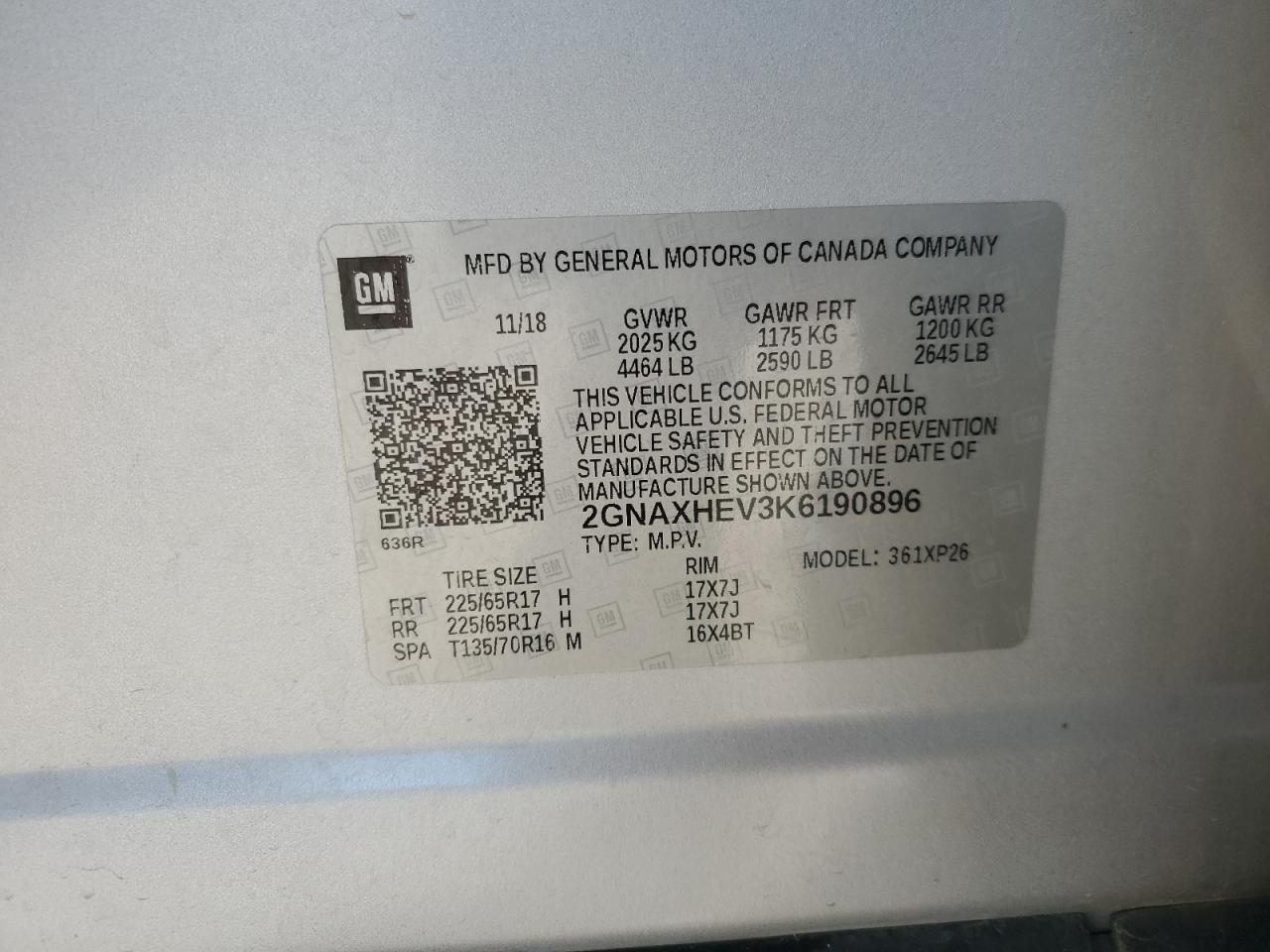 2019 Chevrolet Equinox Ls VIN: 2GNAXHEV3K6190896 Lot: 85094335