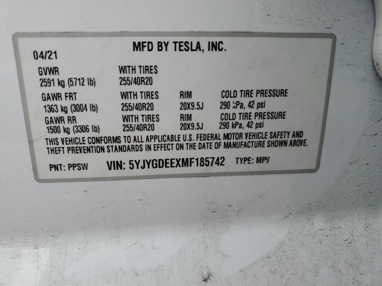 2021 Tesla Model Y VIN: 5YJYGDEEXMF185742 Lot: 87313475