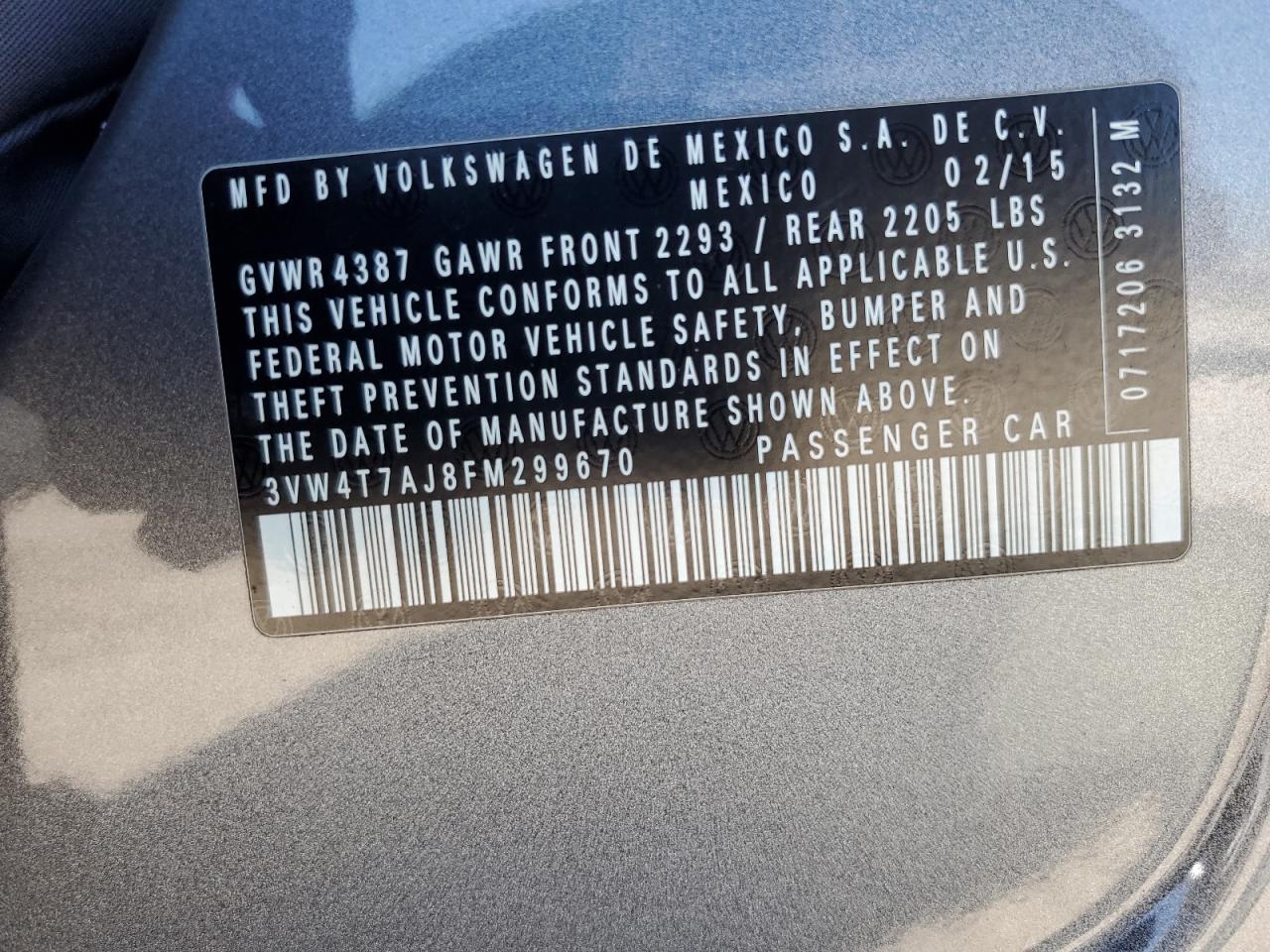 2015 Volkswagen Jetta Gli VIN: 3VW4T7AJ8FM299670 Lot: 84625235