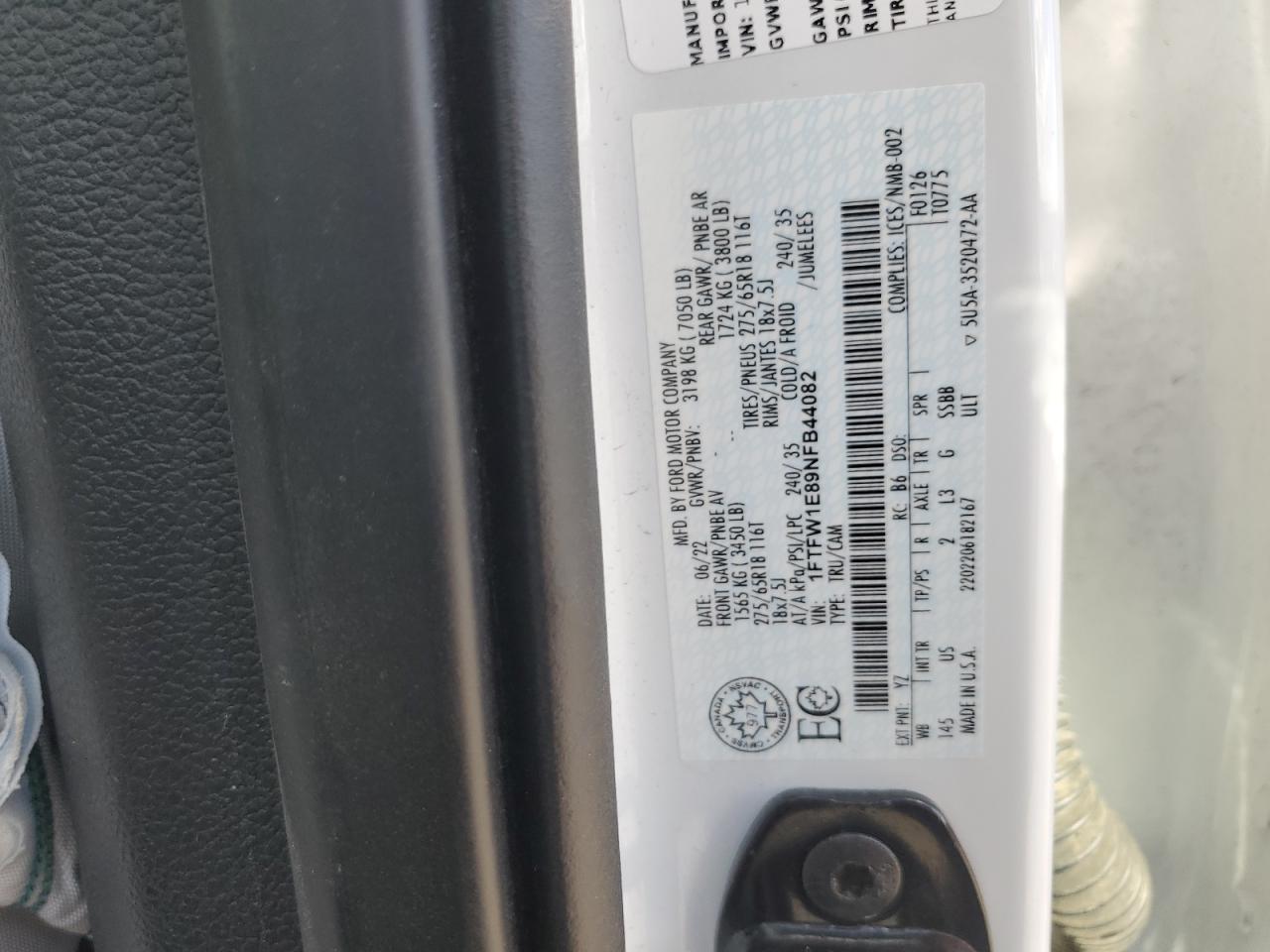 2022 Ford F150 Supercrew VIN: 1FTFW1E89NFB44082 Lot: 85726495