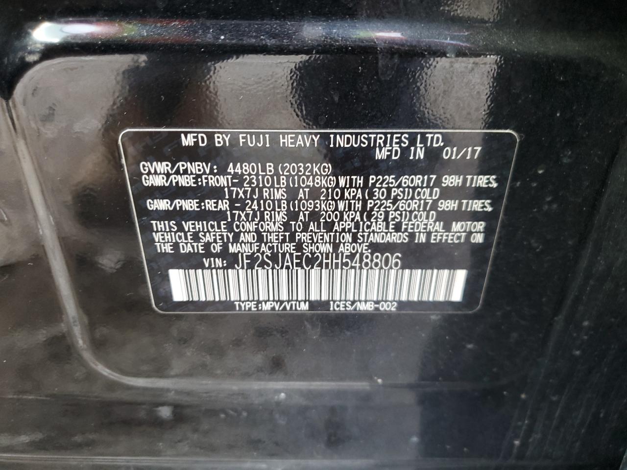 2017 Subaru Forester 2.5I Premium VIN: JF2SJAEC2HH548806 Lot: 86258895