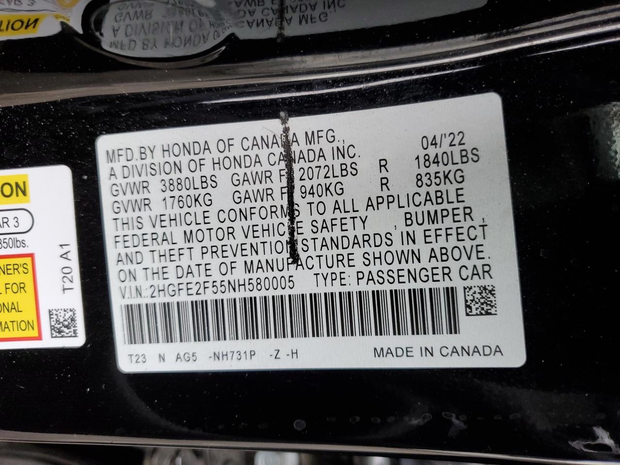 2022 Honda Civic Sport VIN: 2HGFE2F55NH580005 Lot: 82464105