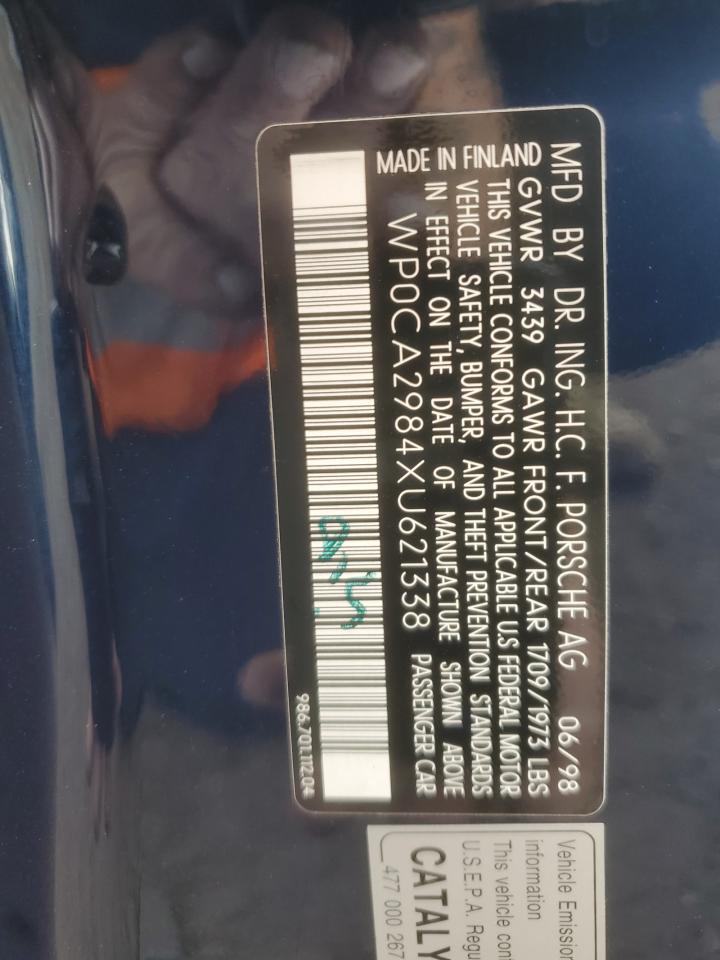 1999 Porsche Boxster VIN: WP0CA2984XU621338 Lot: 86281925