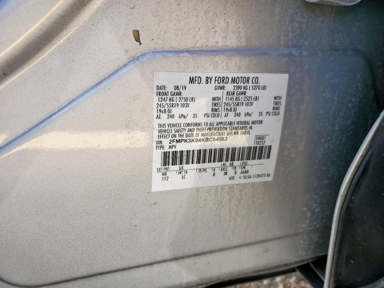 2019 Ford Edge Titanium VIN: 2FMPK3K94KBC64583 Lot: 90811175