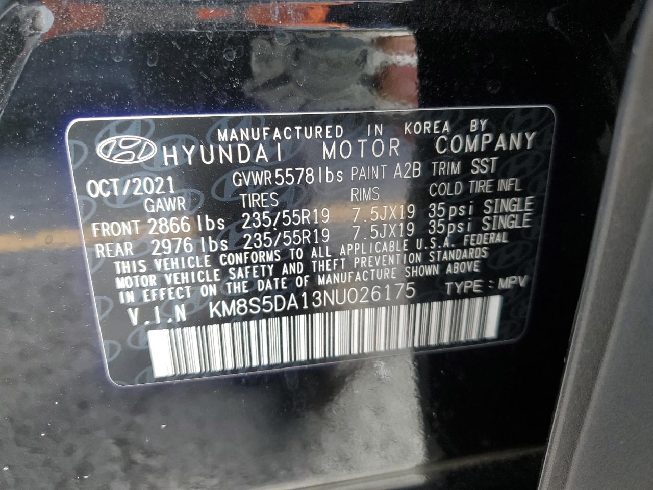 2022 Hyundai Santa Fe Limited VIN: KM8S5DA13NU026175 Lot: 86622295
