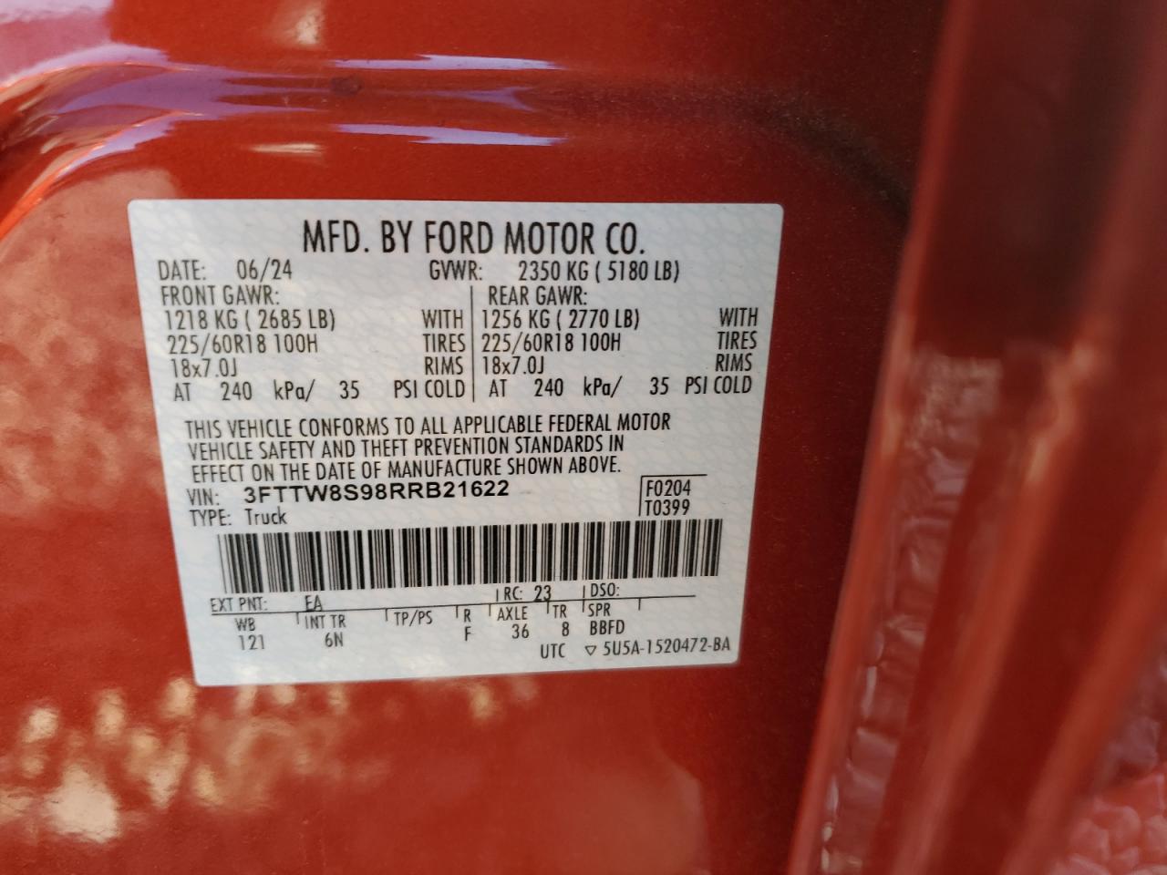 2024 Ford Maverick Lariat VIN: 3FTTW8S98RRB21622 Lot: 84820935