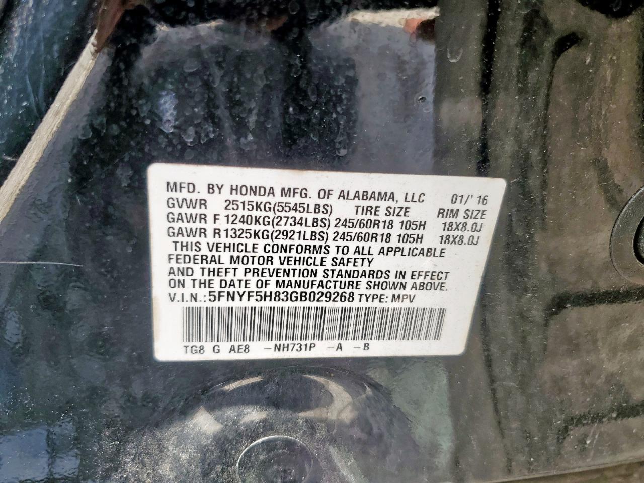 2016 Honda Pilot Exl VIN: 5FNYF5H83GB029268 Lot: 84620225