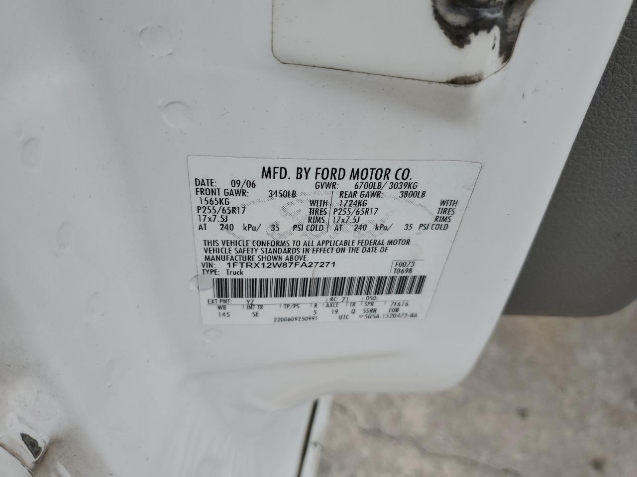 2007 Ford F150 VIN: 1FTRX12W87FA27271 Lot: 81830345