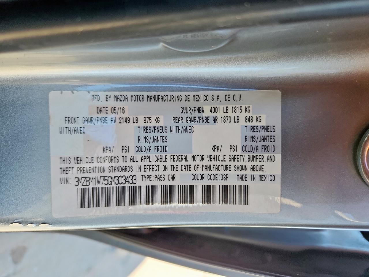 2016 Mazda 3 Touring VIN: 3MZBM1W75GM303433 Lot: 85858065