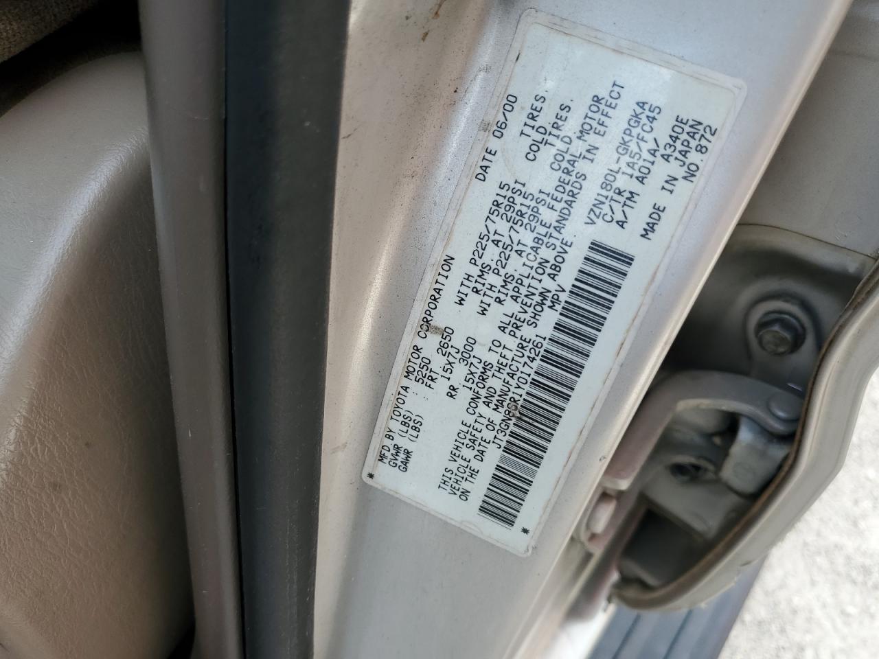 2000 Toyota 4Runner Sr5 VIN: JT3GN86R1Y0174261 Lot: 86069815